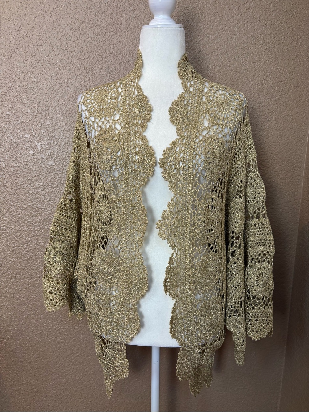 Boston Proper Gold Crochet Open-Front Cardigan